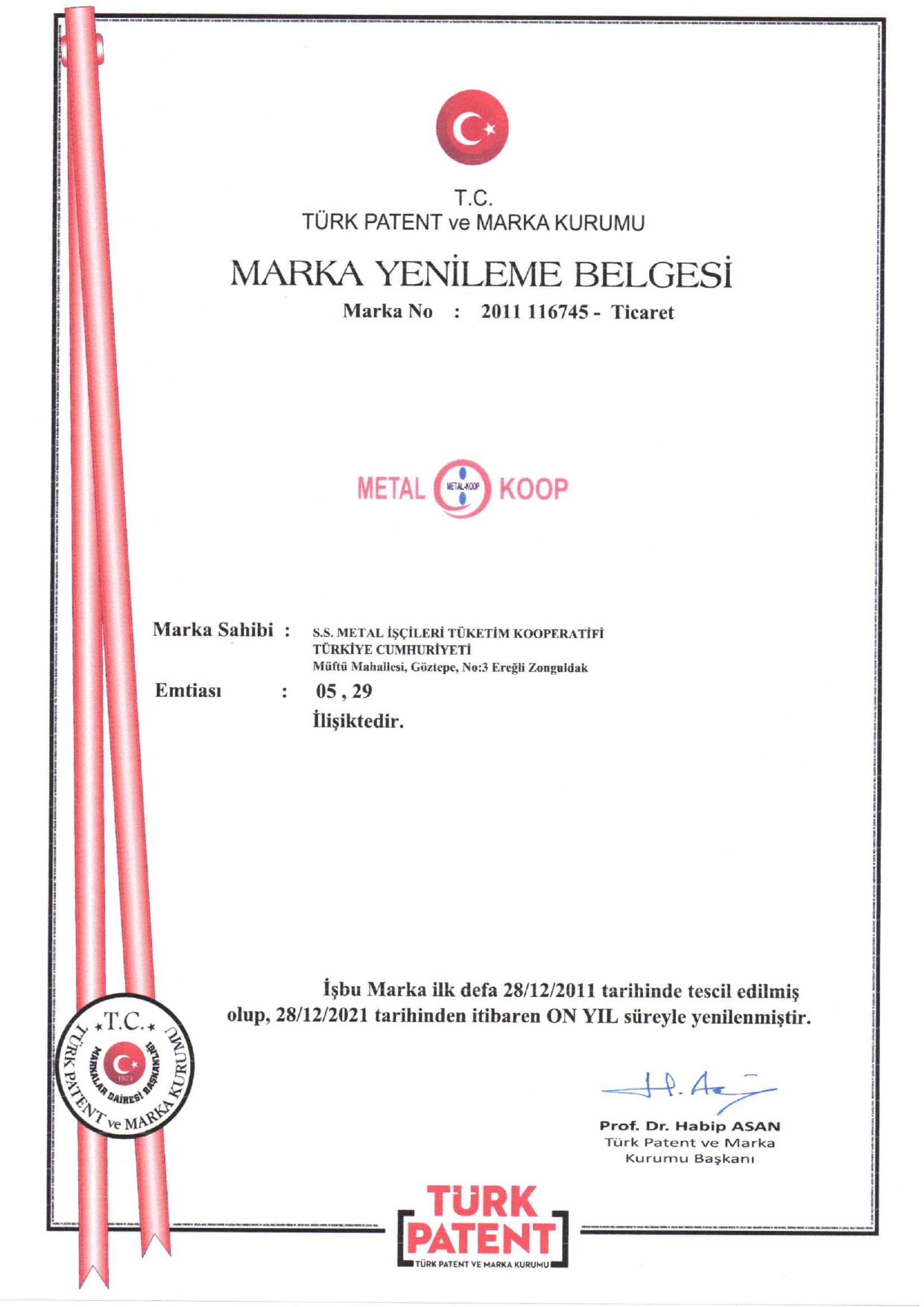 Metal Koop Marka Tescil Belgesi